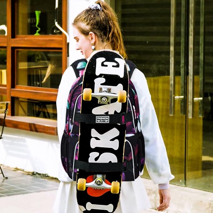 17 Inches Backpack for Girls Women, 3Pcs Rose Laptop Backpacks with Lunch Bag, Water Resistant College School Bookbag Set for Teens Students(Black)