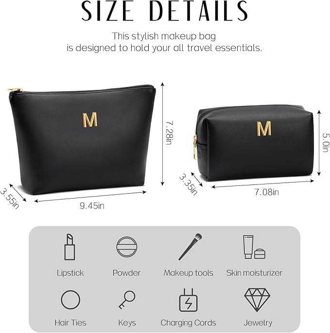 Women Gifts | Initial Makeup Bag Set for Girl Personalized Gifts for Bridesmaid Friend Graduation Teachers PU Leather Cosmetic Travel Toiletry Bag(Black,M)