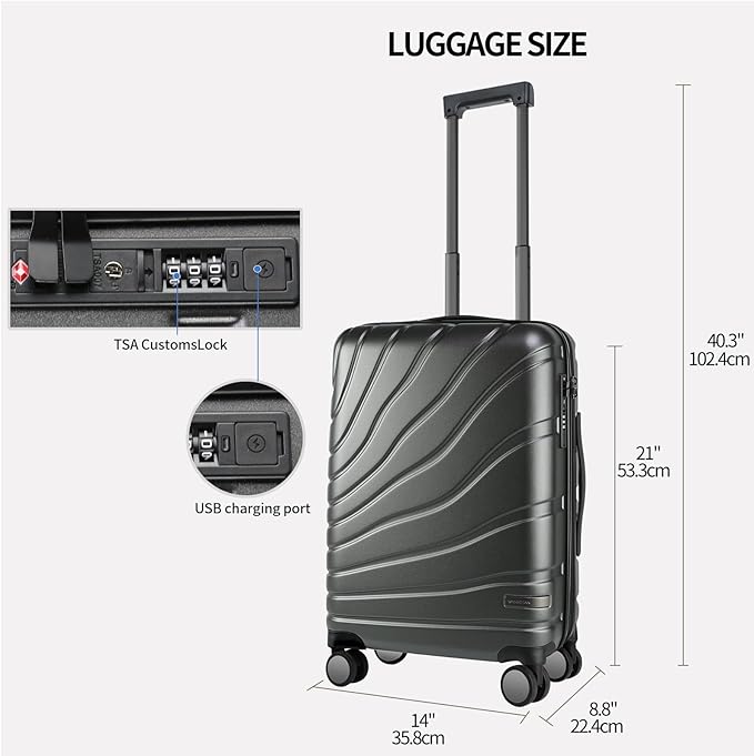 VANKEAN Carry On Luggage with Spinner Wheels & TSA Lock, Expandable Fashionable Hard Shell Suitcase airline approved，20 Inch Carry-On，Dark Grey