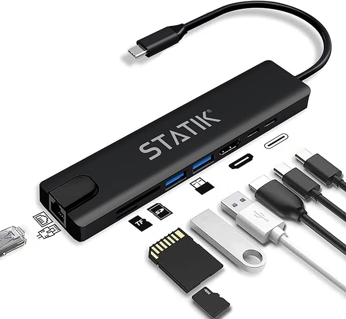 STATIK UltraHub Powered USB C Hub Multiport Adapter - USB C Docking Station - 8-in-1 Powered USB 3.0 Hub with 4K USB C HDMI Adapter, USB C dock, 100Mbps Ethernet Port, SD/TF Card Reader & Laptop Dock