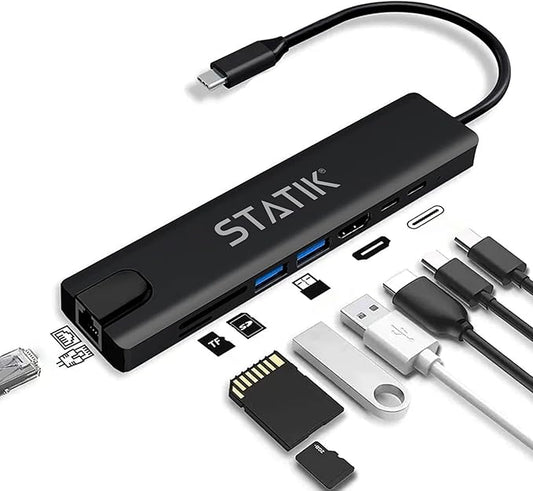 STATIK UltraHub Powered USB C Hub Multiport Adapter - USB C Docking Station - 8-in-1 Powered USB 3.0 Hub with 4K USB C HDMI Adapter, USB C dock, 100Mbps Ethernet Port, SD/TF Card Reader & Laptop Dock