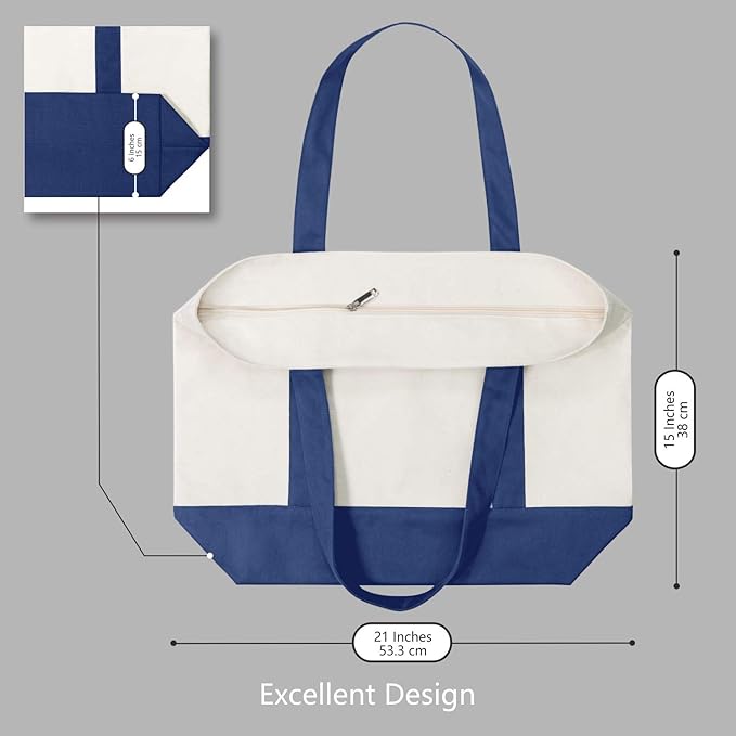 TOPDesign 1-Pack Canvas Tote Bag with an External Pocket, Reusable Grocery Shopping Bag, Top Zipper Closure, Daily Essentials (Blue/Natural)