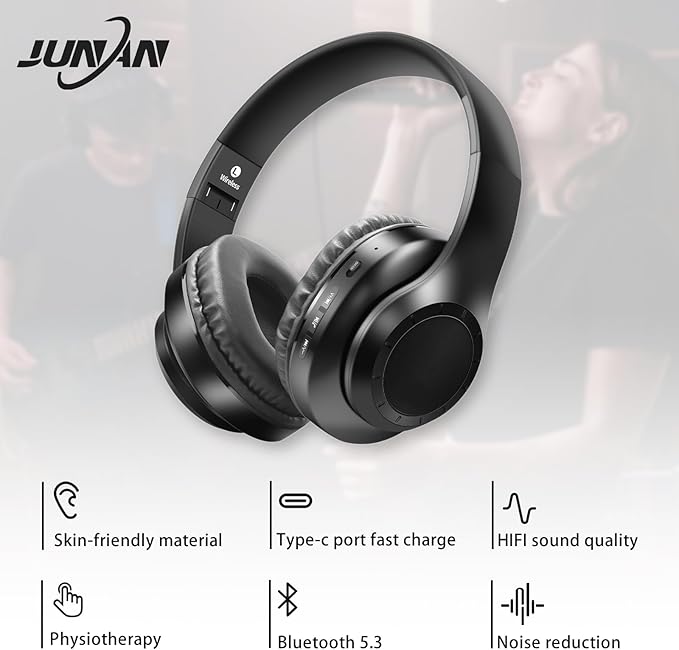JUNAN Bluetooth Headphones Over-Ear,Foldable,Wireless and Wired Headset,Deep Bass,HiFi Stereo Audio,Low Latency Headphone,Built-in Microphone,SD/TF,FM Radio for Cellphone,PC,TV,etc.