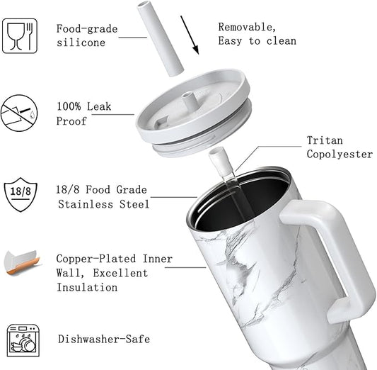 TILUCK 40 oz Tumbler with Handle, Vacuum Insulated Stainless Steel Travel Mug with 100% Leak-Proof Silicone Straw Lid, Cupholder Friendly Water Bottle(Marble, 40oz)