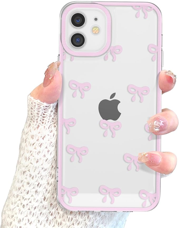 EYZUTAK Case for iPhone 11, Clear Cute Ribbon Bowknot Pattern Aesthetic Transparent Phone Case Raised Camera Protection Stylish Slim Soft Durable TPU Protective Cover for Women Girls - Pink