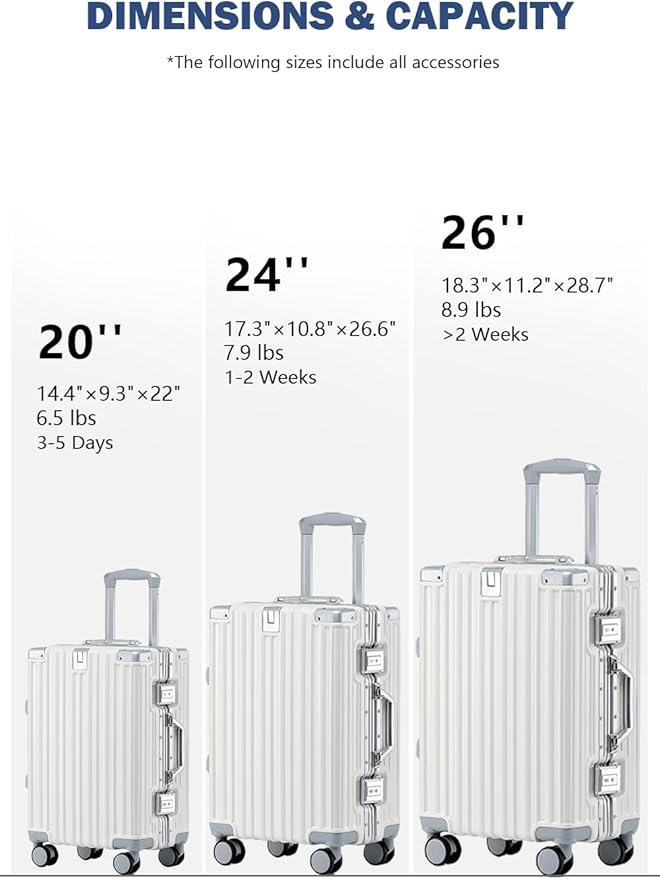 HotWay 26 Inch Aluminum Frame Luggage with Spinner Wheels, PC Hard Shell Suitcase with Cup Holder, Zipperless Luggage for Business Travel, White