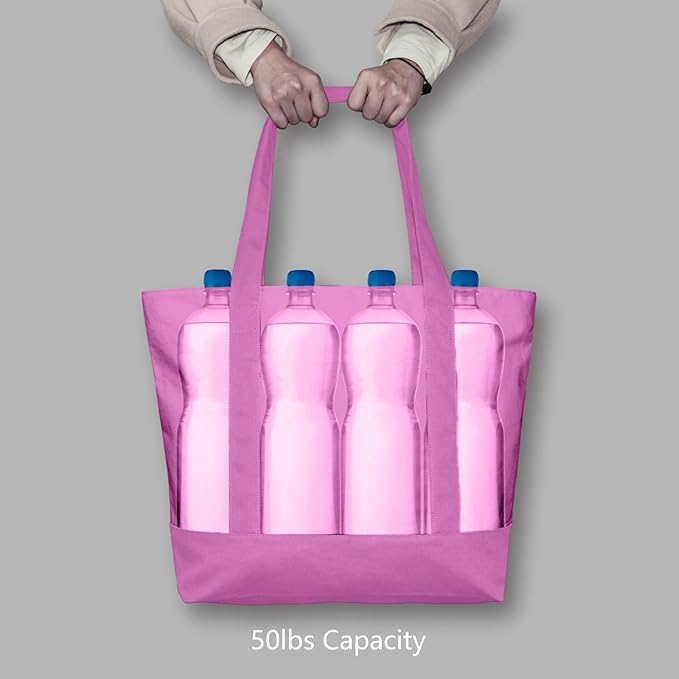 TOPDesign 1-Pack Canvas Tote Bag with an External Pocket, Reusable Grocery Shopping Bag, Top Zipper Closure, Daily Essentials (Light Purple)