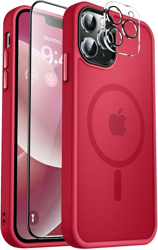 MOCCA Strong Magnetic for iPhone 12 Pro Max Case,[Compatible with Magsafe][Glass Screen Protector+Camera Lens Protector] Slim Thin Shockproof Cover Phone Case for iPhone 12 Pro Max 6.7", Red