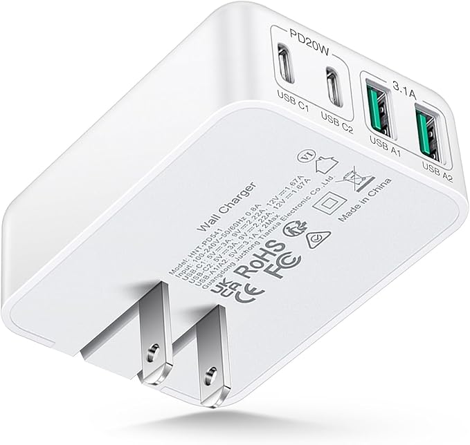 40W Flat USB C Wall Charger Foldable & Slim Fast Charging Block 4Port USB C Charger Block Cube Box Compatible with iPhone16/15 Samsung S23, Pixel, Tablets, Multiport Power Adapter Plug Brick