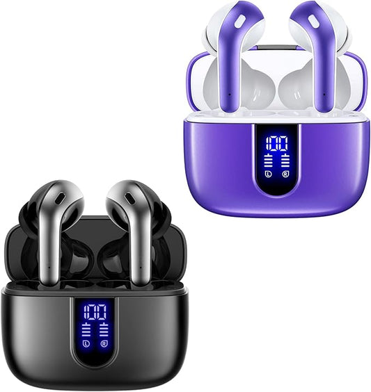 TAGRY 2 Sets X08 Black and Phantom Purple Bluetooth Headphones True Wireless Earbuds 60H Playback Ear Buds with Wireless Charging Case in-Ear Earbuds with Mic