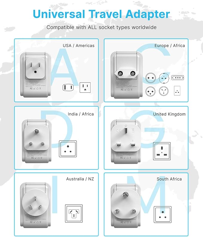 VINTAR Universal Travel Adapter Kit, 5ft Detachable Extension Cord with 4 AC Outlets & 3 USB(2 USB C), Type A/C/G/D/I/M International Power Adaptor for US to Europe UK India South Africa Japan