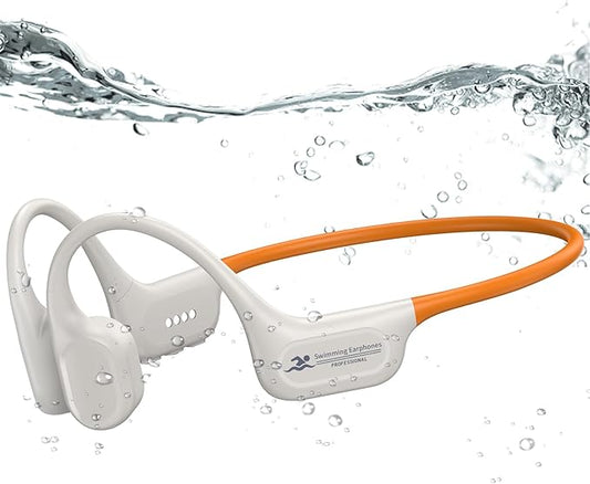 Swimming Headphones IP68 Waterproof, Open Ear Bone Conduction Headphones Bluetooth 5.4 with 32GB MP3 Player, Secure Comfort Underwater Swim Earbuds for Jogging Cycling Fitness-SurfAudio(Orange)