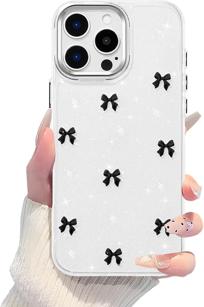 EYZUTAK Case for iPhone 16 Pro, Bling Glitter 3D Bowknot Phone Case Cute Sparkly Crystal Clear Bow Aesthetic Design Case Slim Soft Durable TPU Transparent Protective Cover for Women Girl - Black Bow