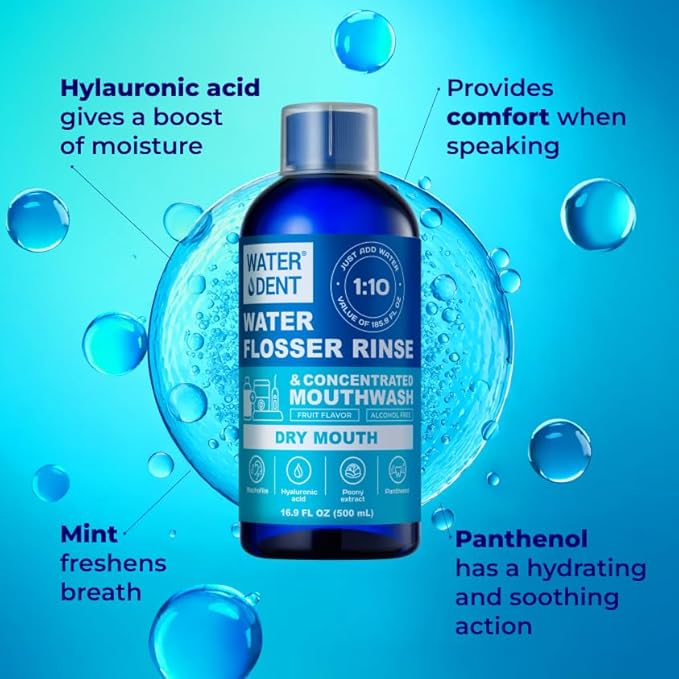 Concentrated Irrigant and mouthwash Dry Mouth | Add to Water Flossers | Fruit Flavor | When dilluted 16.9 fl.oz = 186 fl.oz | Alcohol Free, Fluoride Free. Made in USA (Non-Medical) WATER DENT