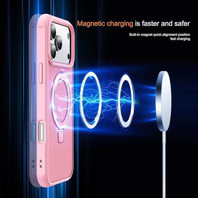 Compatible with iPhone 17 Pro Max Case with Invisible Magnetic O-Ring Stand Military-Grade Translucent Case for iPhone 17 ProMax 6.9" [Compatible with Mag-Safe][Great Grip Feeling], Pink