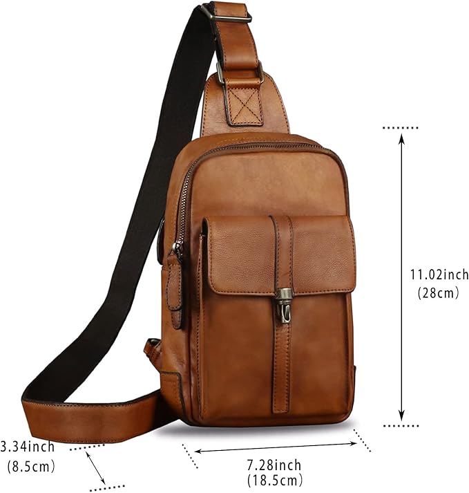 Genuine Leather Sling Bag Casual Shoulder Hiking Backpack Vintage Handmade Crossbody Bag Retro Chest Daypack (Brown)