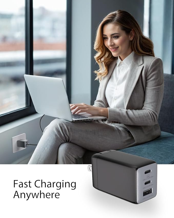 USB C Charger, 67W 3-Port GaN Fast Compact Foldable for MacBook Pro/Air, Pixelbook, iPad Pro, iPhone 16/15/Pro, Galaxy S25/S24, Note20, Pixel, Apple Watch