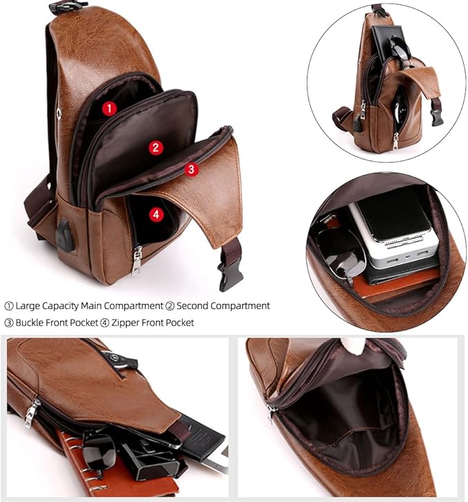 Peicees Leather Sling Bag Mens Crossbody Bag Chest Bag Sling Backpack for Men with USB Charge Port