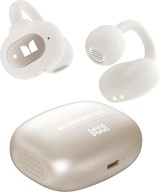 Monster Open Ear AC339 Earbuds, Bluetooth 6.0 Earphones Stereo Sound, Open Ear Clip Wireless Earbuds 40 Hours Playback, with Smart Digital Display Design, Touch Control, IPX6 Waterproof,Beige