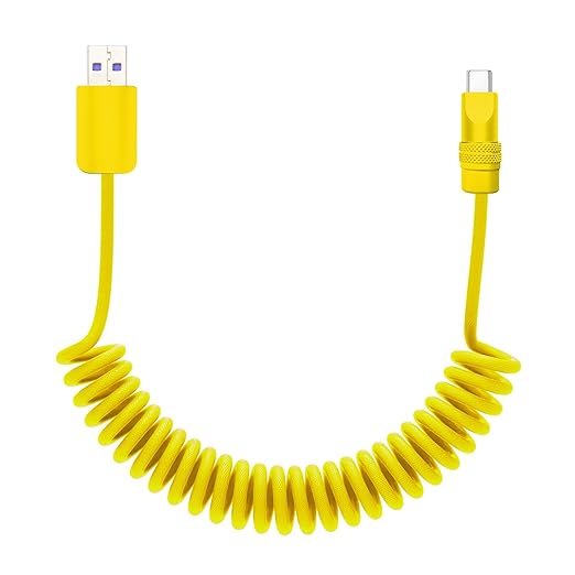 chubbycable Curly Chubby Retractable Fast Charging Cable 120W Coiled Charger Cord for Car Durable USB C Cable Compatible with iPhone 16/15 Series, Yellow+Yellow, USB-A to Type-C, 1.3FT-2.3FT