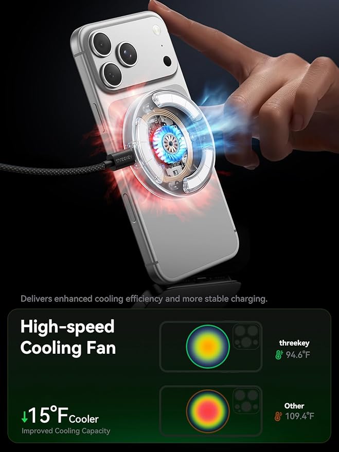 THREEKEY for MagSafe Charger, 2 Pack Qi2 25W Fast Charging Pad with Cooling Fan, Magnetic Wireless Charger with 6.6ft Cable for iPhone 17/16/15/14 Series (45W Adapter Included) (Black, 2 Pack)