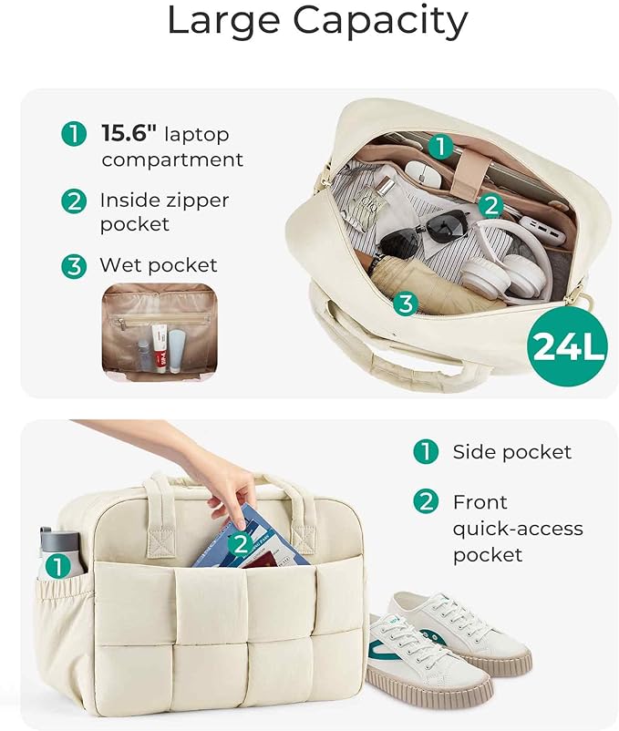 BAGSMART Gym Bag for Women, 24L Puffer Travel Duffle Bag for Travel with Laptop Compartment, Weekender Bags for Women, Carry On Duffel Bag Personal Item Bag, Beige