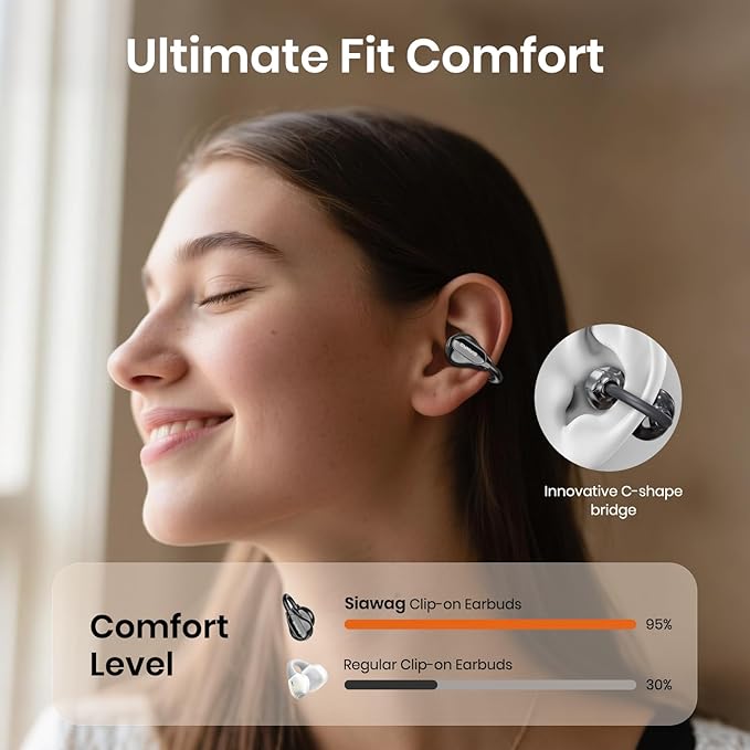 Clip On Earbuds, Wireless Open Ear Earbuds Headphones, Bluetooth 5.4, 11 mm Driver, HiFi 3D Stereo, Tap Control, Ultra-Light 3g Fit, IPX5 Waterproof Sport Earphones for Workouts and Daily Use