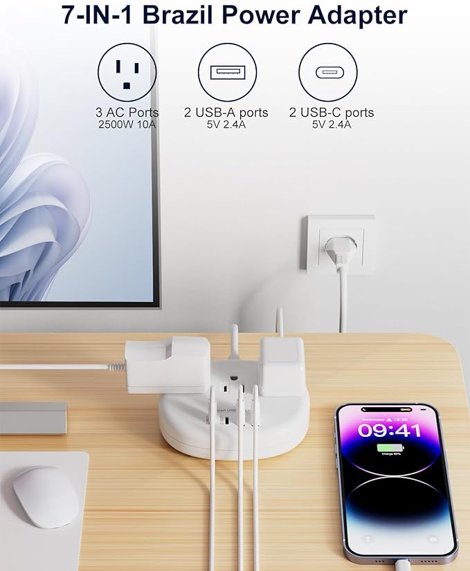 Brazil Power Adapter, Outlet Adapter for Brazil with 3 American Outlets 4 USB Ports (2 USB-C) Total 24W, Type N Plug Adapter for USA to Brazil, 5FT