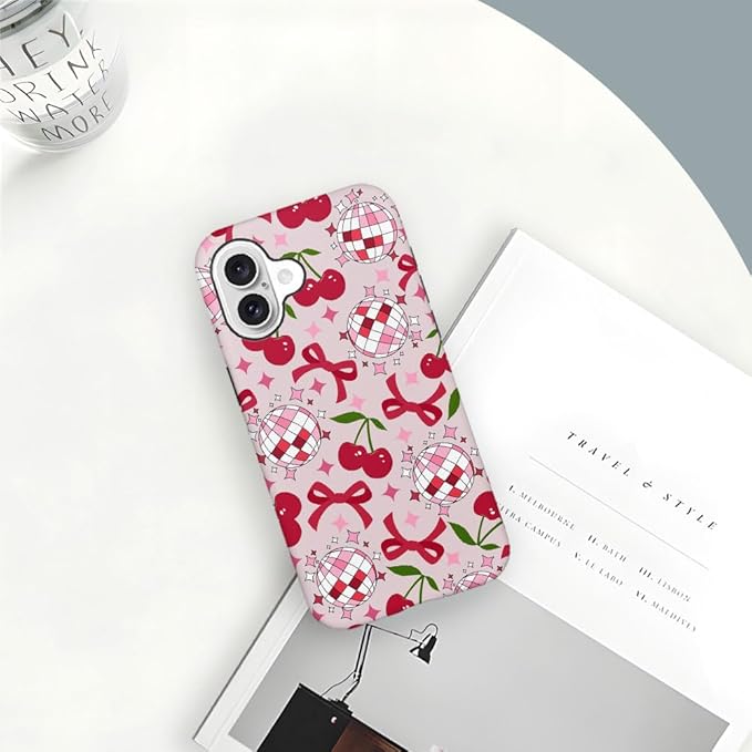 DAIZAG Case Compatible with for iPhone 16,Cute Pink Cherry Disco Ribbon Star Phone Case for iPhone 16 for Girl Women Boy Men