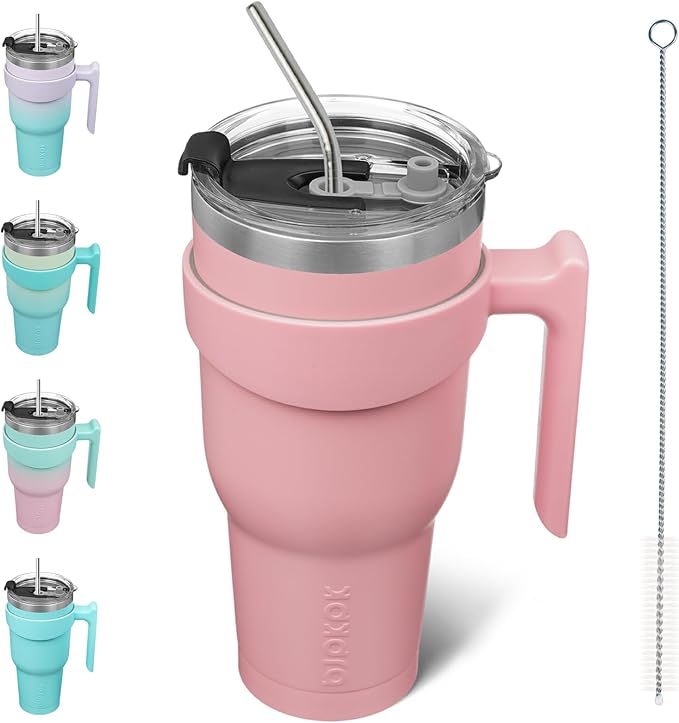 BJPKPK 40 oz Tumbler With Handle And Straw Stainless Steel Insulated Tumbler With Lid Reusable Metal Coffee Cups,Light Pink