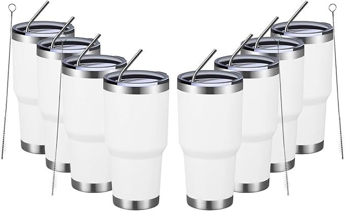 MEWAY 30oz Insulated Tumbler With Lids and Straws,Stainless Steel Double Vacuum Coffee Tumbler Cup, Brush, Durable Powder Coated Coffee Cup for Cold & Hot Drinks, Office, Travel(White,8 PACK)