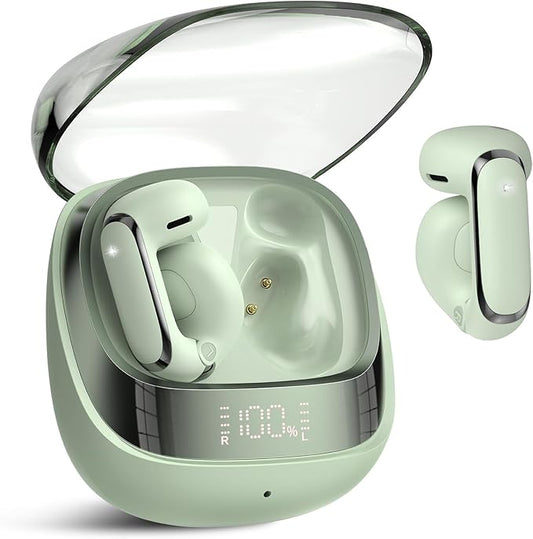 Wireless Earbuds, Clip On Ear Headphones, Bluetooth 5.4 HiFi Stereo Earbuds,42H, LED Display Ear Buds, Comfortable Lightweight, IP7 Waterproof Open Ear Earphones, Earbud for Workouts Running, Green