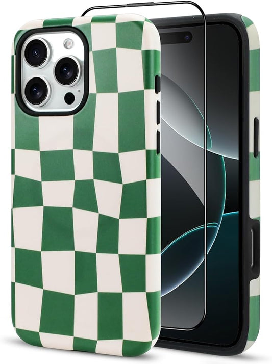SOKAD Magnetic Checkered Phone Case for iPhone 16 Pro Max, Cute Grids Plaid Checkerboard Pattern Compatible with Magsafe Matte Protective Case Cover with Screen Protector for Girls Women, Green