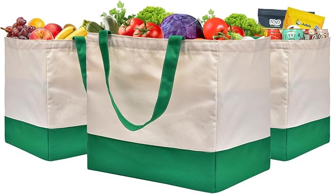 Canvas Reusable Grocery Bags Heavy Duty, 8.3 gal Foldable Large Canvas Tote Bag with Handles, Holds 60 lbs Shopping Bags, 3 Pack