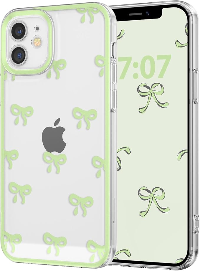 EYZUTAK Case for iPhone 11, Clear Cute Ribbon Bowknot Pattern Aesthetic Transparent Phone Case Raised Camera Protection Stylish Slim Soft Durable TPU Protective Cover for Women Girls - Green
