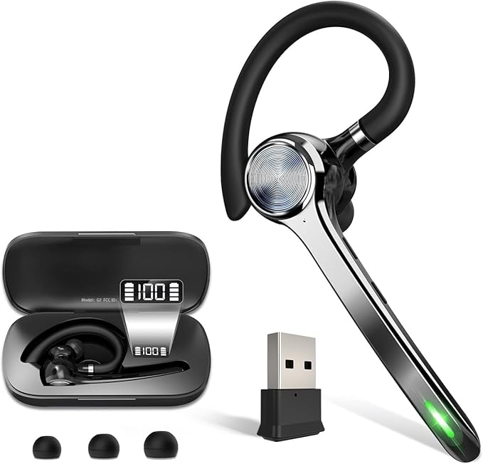 Bluetooth Headset, Wireless Bluetooth Earpiece with 500mAh Charging Case 72 Hours Talking Time Built-in Microphone for iOS Android Cell Phone, V5.1 Hand-Free Headphones with USB Dongle