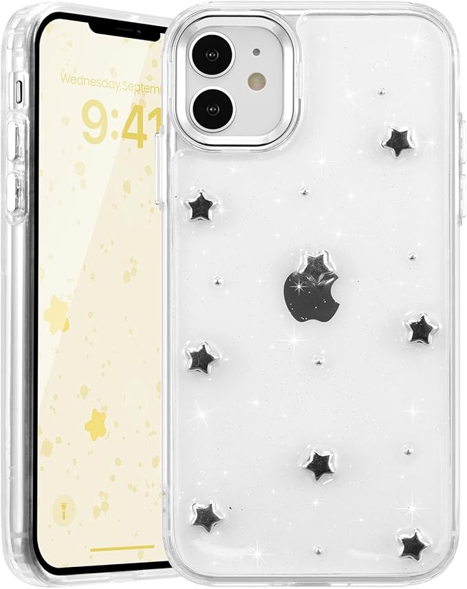 EYZUTAK Case for iPhone 12/iPhone 12 Pro, Bling Glitter 3D Stars Phone Case Cute Sparkly Crystal Clear Star Aesthetic Design Case Slim Soft Durable TPU Transparent Protective Cover for Women Girl-Star