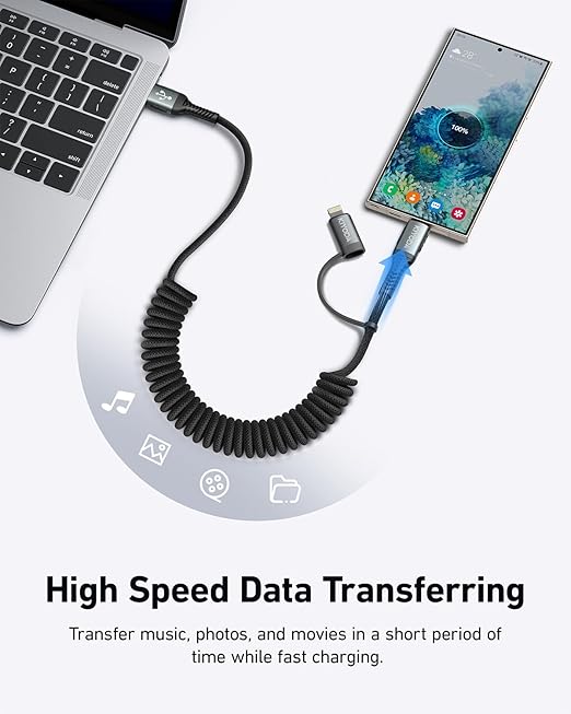 Coiled USB C to Lightning Cable 3FT, 2 in 1 iPhone 15 Charger Cord for Car Nylon Braided Multi Type C to TypeC Fast Charging Cables for iPhone 17 16 15 14 13 12 11 iPad, Samsung Galaxy Sony - 1Pack