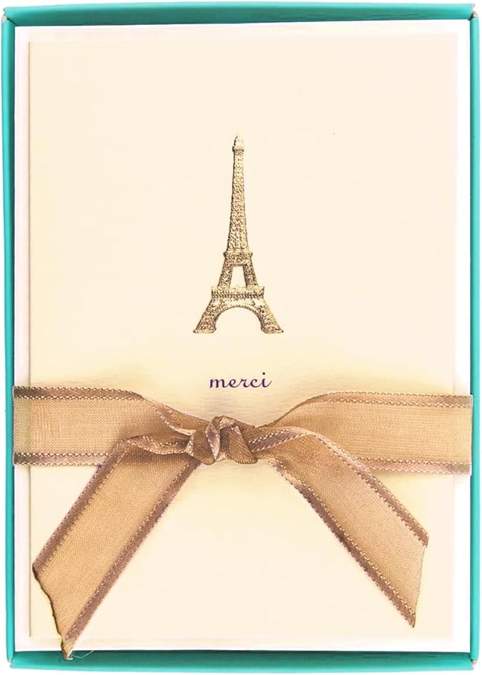 Graphique Eiffel Tower Merci Notecards – 10 Embossed Gold Foil Blank Cards with Envelopes – Boxed Set – 3.25" x 4.75"