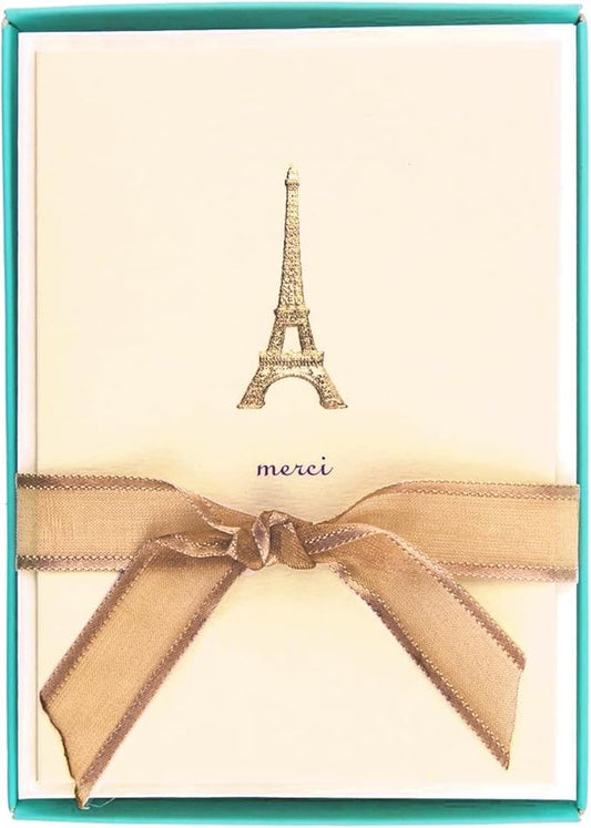 Graphique Eiffel Tower Merci Notecards – 10 Embossed Gold Foil Blank Cards with Envelopes – Boxed Set – 3.25" x 4.75"