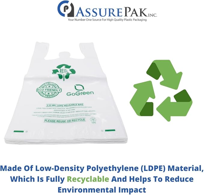 White Reusable/Eco-Friendly LDPE T-Shirt - 1/5 BBL 13"X9"X23" - 150 Bags - 57 Micron (2.25 mil) - White - WHLD225MREUSE1323 - AssurePak