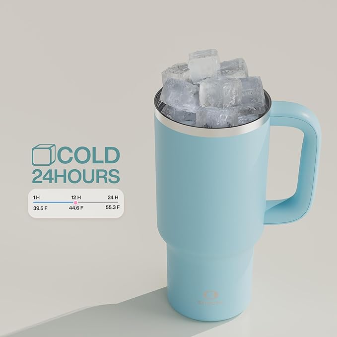 32 oz Tumbler with Handle and Straw: Stainless Steel Insulated Tumbler Keeps Cold for 24 Hours, Leakproof Travel Cup Fits in Cup Holder and BPA-Free,Pewter Blue