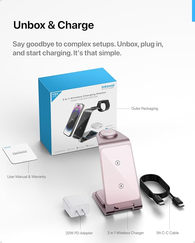 Intoval 3 in 1 Wireless Charging Station for iPhone 16 15 14 13 12 11 X Pro Max, Wireless Charger for Apple Watch Ultra 3 SE 9 8 7 6 5 4 3 2, for AirPods 4 Pro Pro 2 3 (Y93, Pink)