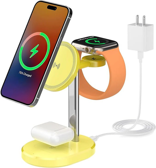 3 in 1 Wireless Charging Station,Detachable Apple Watch Charger & 15W Charger Stand for MagSafe for iPhone, Wireless Charger for Multiple Devices iPhone 16/15/14/13&Watch&AirPods（Yellow）
