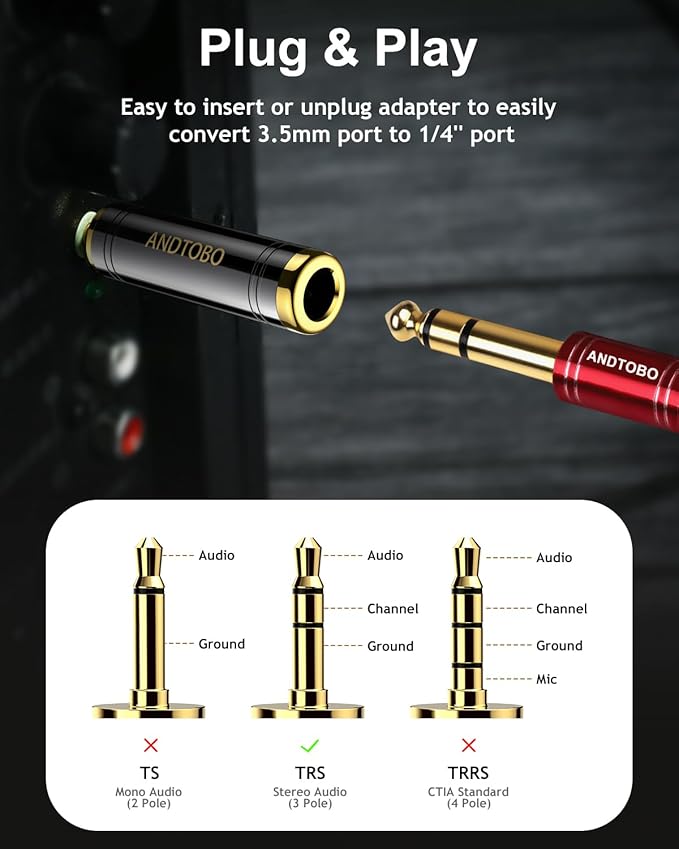 ANDTOBO 1/4'' to 3.5 mm Stereo Pure Copper Headphone Adapter, 3.5 mm(1/8'') Plug Male to 6.35 mm (1/4'') Jack Female Stereo Adapter for Headphone, Amp Adapter, Black 2-Pack