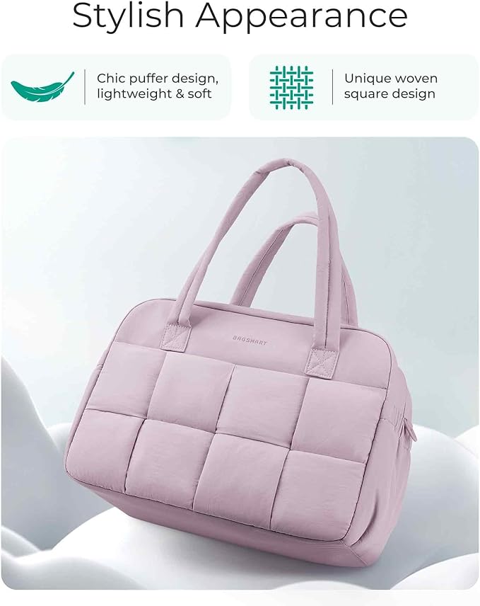 BAGSMART Gym Bag for Women, 24L Puffer Travel Duffle Bag for Travel with Laptop Compartment, Weekender Bags for Women, Carry On Duffel Bag Personal Item Bag, Mist Purple