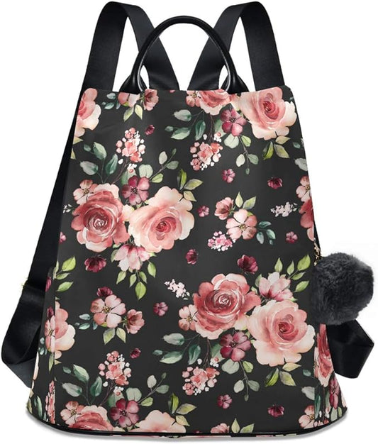 ALAZA Rose Flowers Floral Black Backpack Purse for Women Anti Theft Fashion Back Pack Shoulder Bag