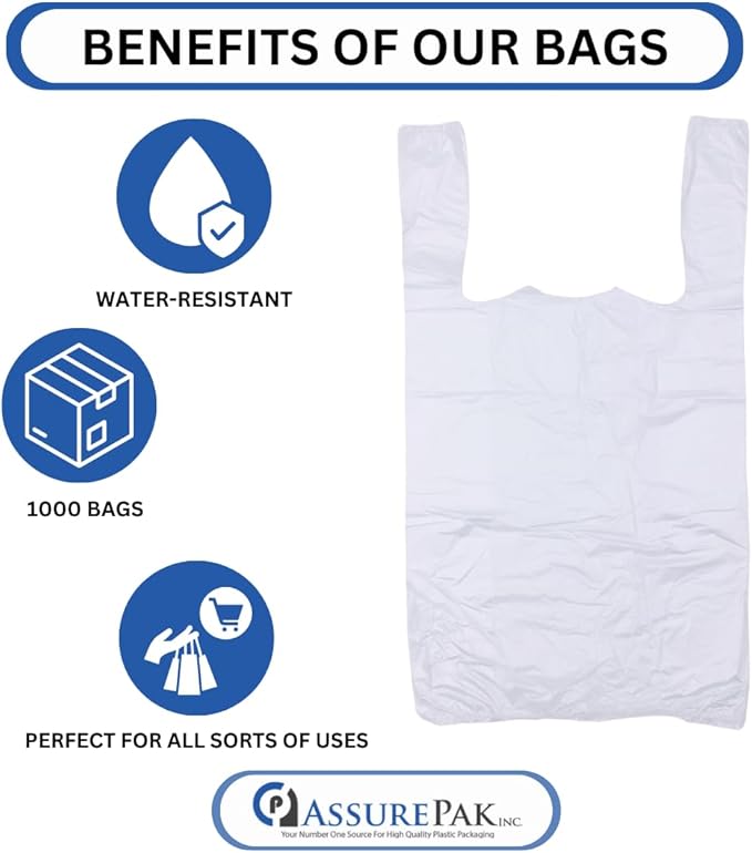 Easy Open - Stock T-Shirt Plastic Bag - Clear - 10"x5"x18" with handles – 1000 Units – 13 Microns - 1/8 BBL – Perfect for Grocery Shopping and Store Purchases