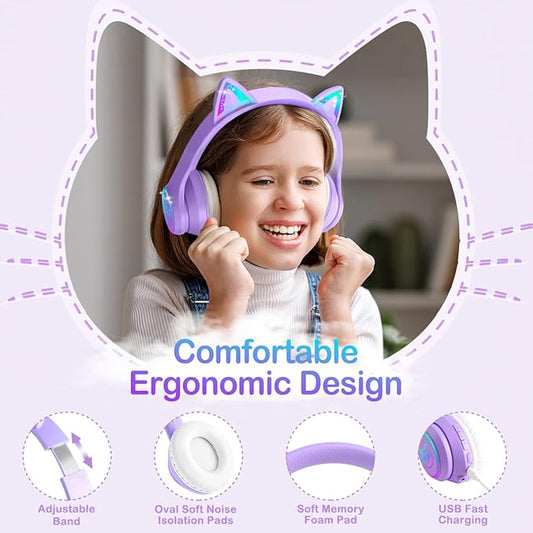 LOBKIN Bluetooth 5.4 Kids Headphones with Case - RGB LED Light Up Cat Ears Foldable Adjustable Over Ear Headphone Support Wireless or 3.5mm Wired Mode for Toddler & Girls & Boys Teens
