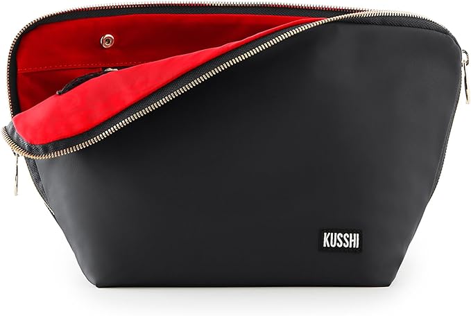 KUSSHI Washable Travel Makeup & Cosmetic Bag - Brush Organizer Sold Separately (Vacationer, Satin Black/Red)